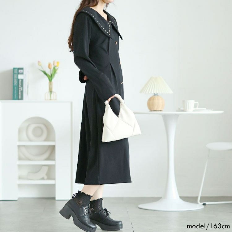 大きいサイズ レディース ビックカラー飾りボタンロングワンピース　goldy-1625