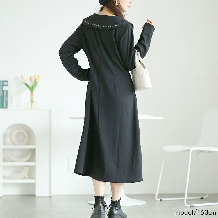 大きいサイズ レディース ビックカラー飾りボタンロングワンピース　goldy-1625