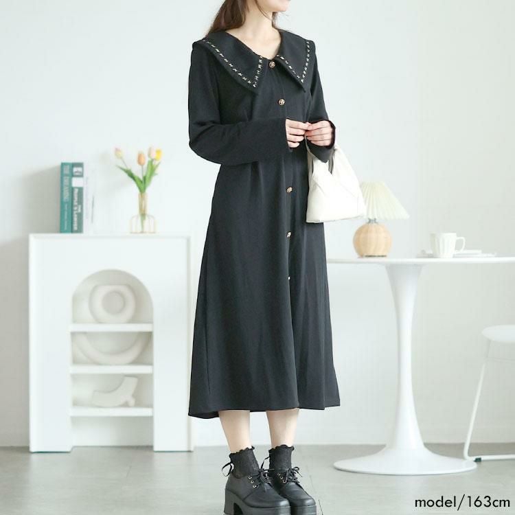 大きいサイズ レディース ビックカラー飾りボタンロングワンピース　goldy-1625 ブラック