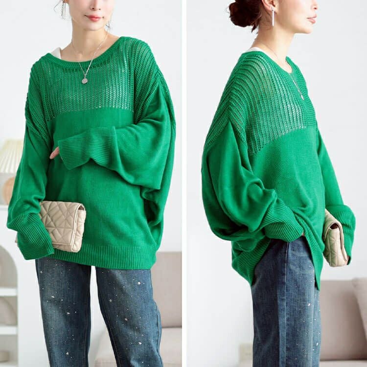 大きいサイズ レディース メッシュ切り替えドルマンニット　bro-0058