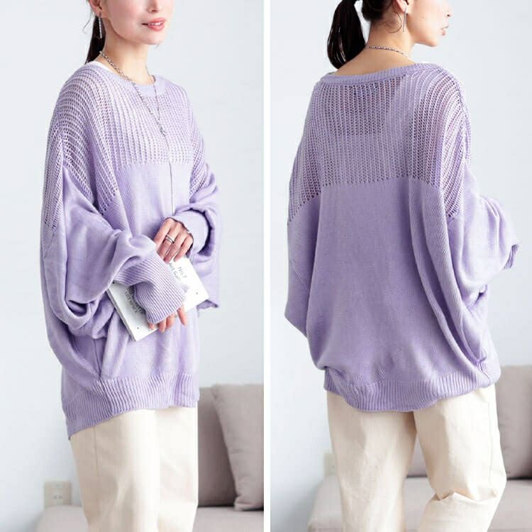 大きいサイズ レディース メッシュ切り替えドルマンニット　bro-0058