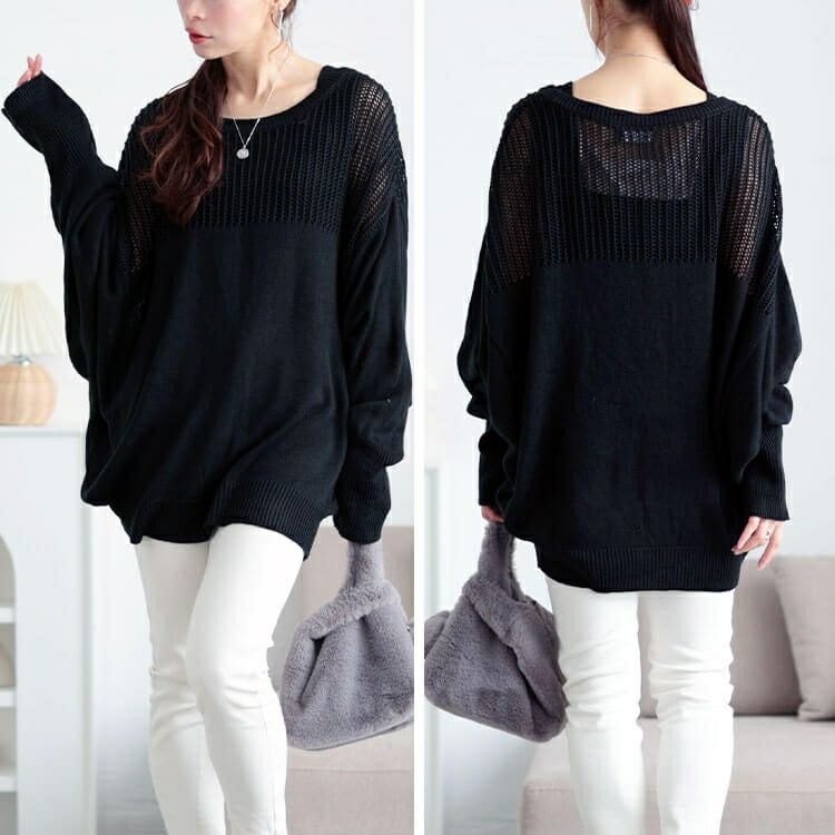 大きいサイズ レディース メッシュ切り替えドルマンニット　bro-0058