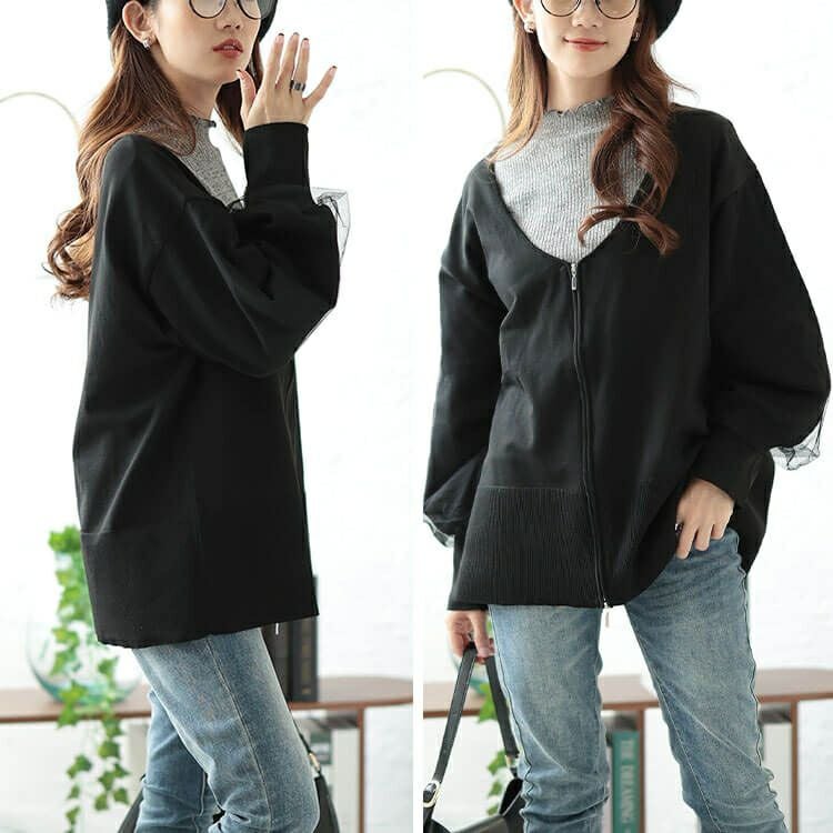 大きいサイズ レディース 袖チュールレイヤードニットZIPカーデ　bro-0061