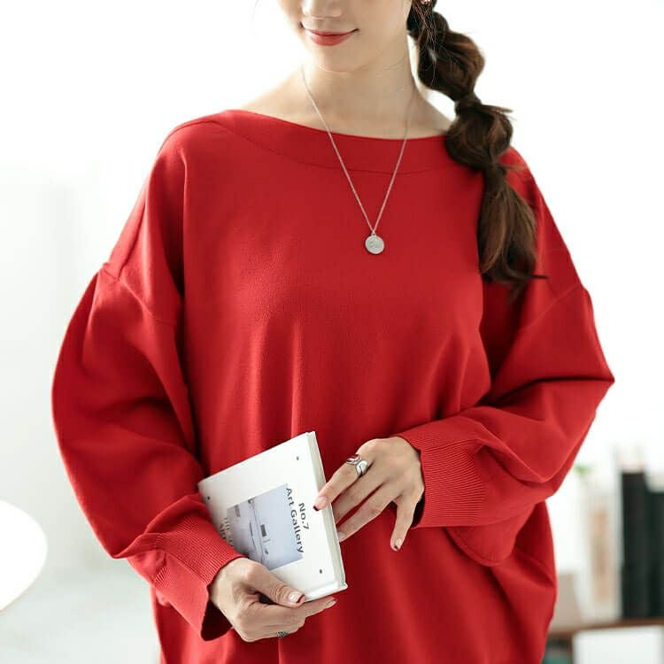 大きいサイズ レディース ボートネックボリュームスリーブニット　bro-0057