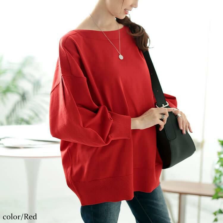 大きいサイズ レディース ボートネックボリュームスリーブニット　bro-0057 レッド