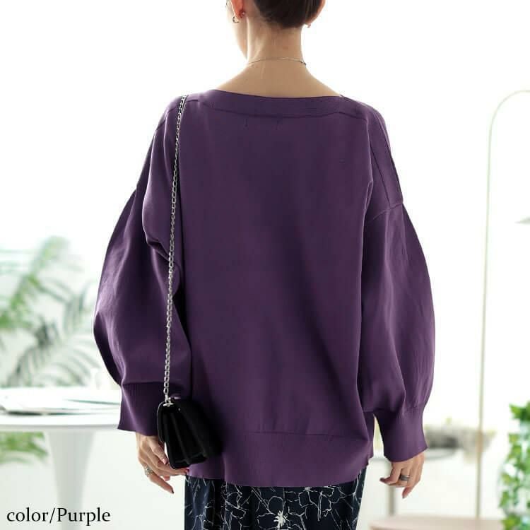 大きいサイズ レディース ボートネックボリュームスリーブニット　bro-0057 パープル