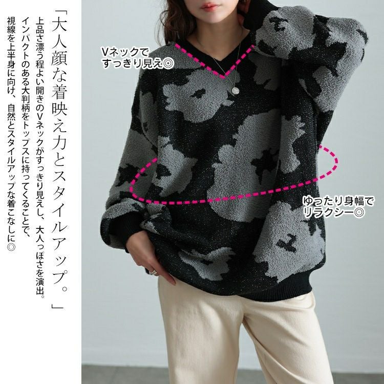 大きいサイズ レディース 配色Vネックヒョウ柄ワイドニット maru-20005