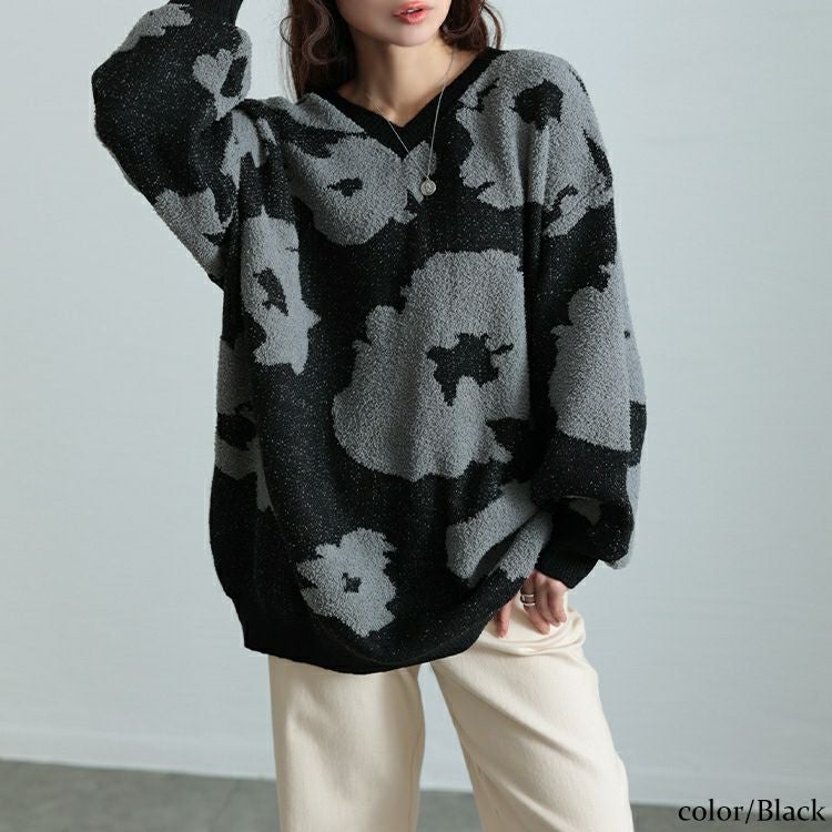 大きいサイズ レディース 配色Vネックヒョウ柄ワイドニット　maru-20005