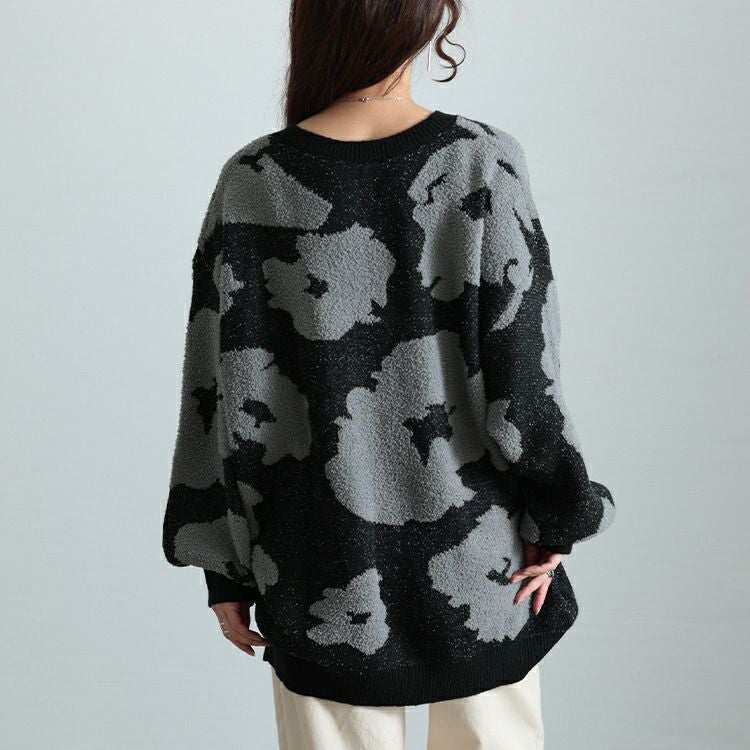 大きいサイズ レディース 配色Vネックヒョウ柄ワイドニット　maru-20005