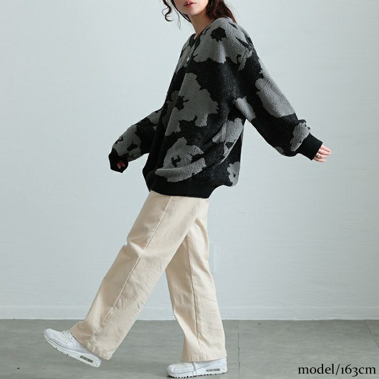 大きいサイズ レディース 配色Vネックヒョウ柄ワイドニット maru-20005