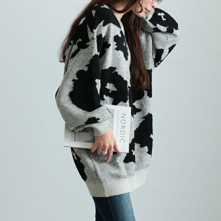 大きいサイズ レディース 配色Vネックヒョウ柄ワイドニット　maru-20005