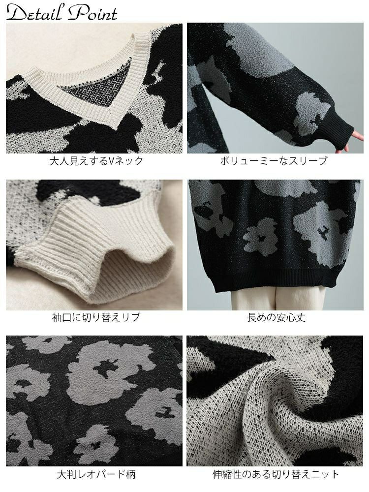 大きいサイズ レディース 配色Vネックヒョウ柄ワイドニット　maru-20005