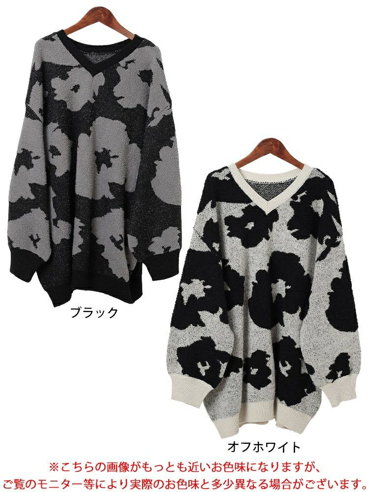 大きいサイズ レディース 配色Vネックヒョウ柄ワイドニット　maru-20005