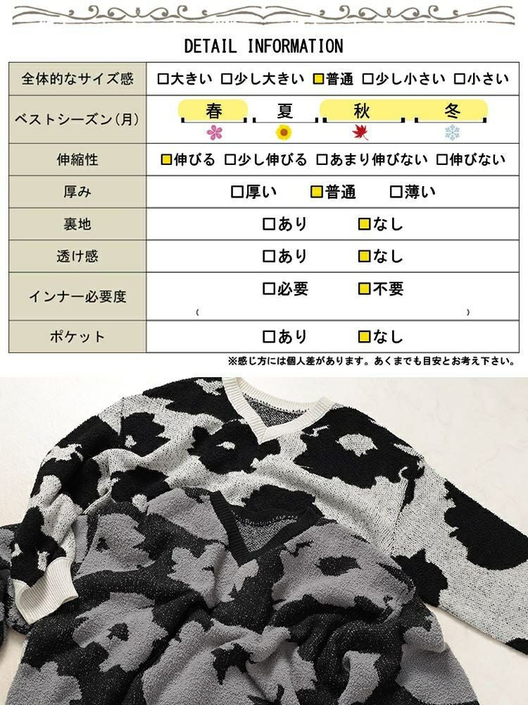 大きいサイズ レディース 配色Vネックヒョウ柄ワイドニット　maru-20005