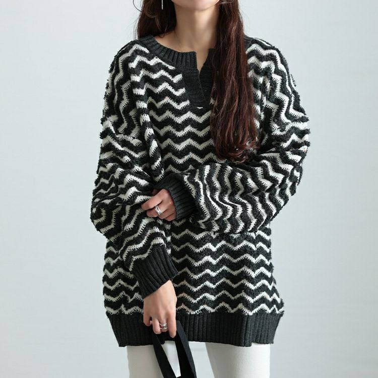 大きいサイズ レディース 配色キーネックジグザクワイドニット　maru-20004
