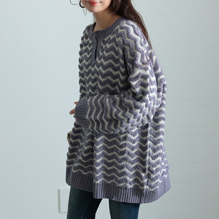 大きいサイズ レディース 配色キーネックジグザクワイドニット　maru-20004