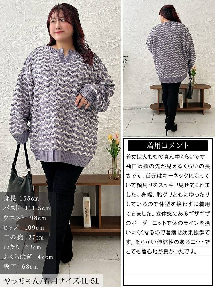 大きいサイズ レディース 配色キーネックジグザクワイドニット　maru-20004