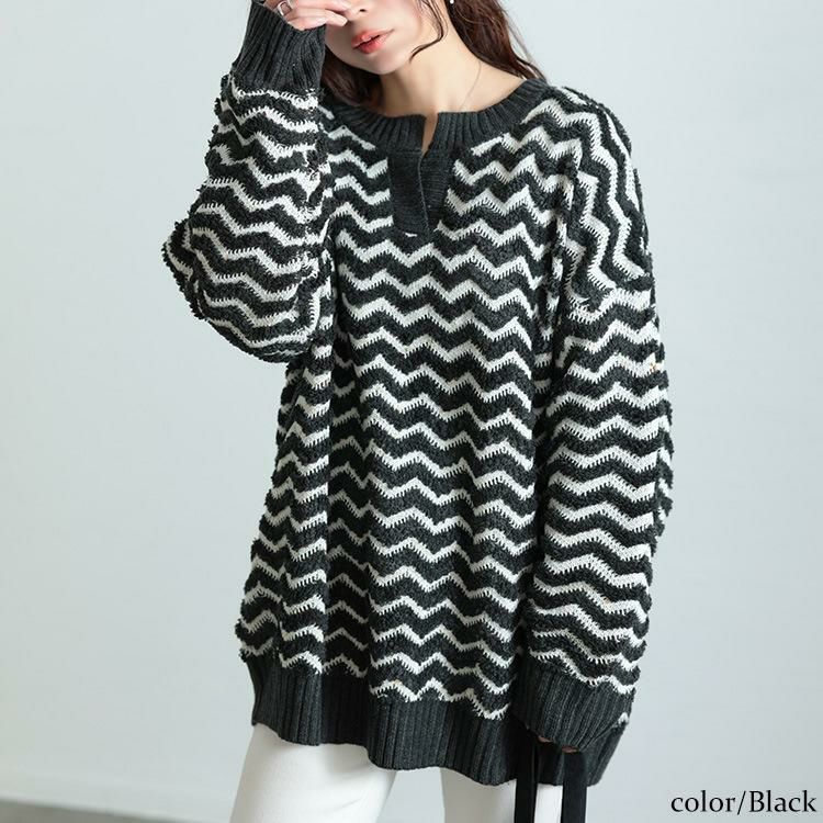大きいサイズ レディース 配色キーネックジグザクワイドニット　maru-20004 ブラック