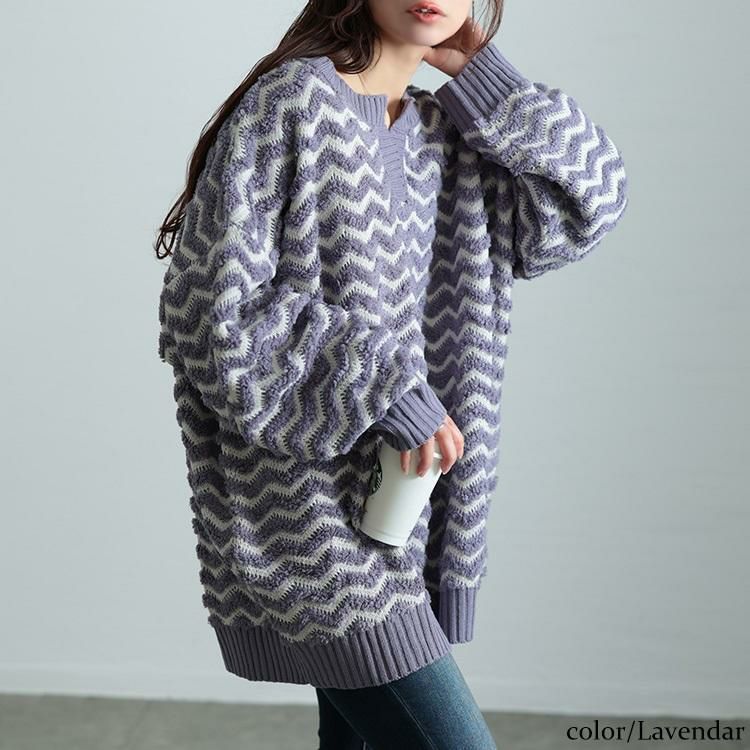 大きいサイズ レディース 配色キーネックジグザクワイドニット　maru-20004 ラベンダー