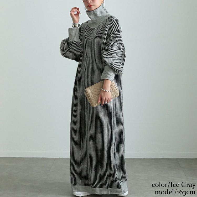 大きいサイズ レディース 配色切り替えストライプニットワンピース　maru-20011