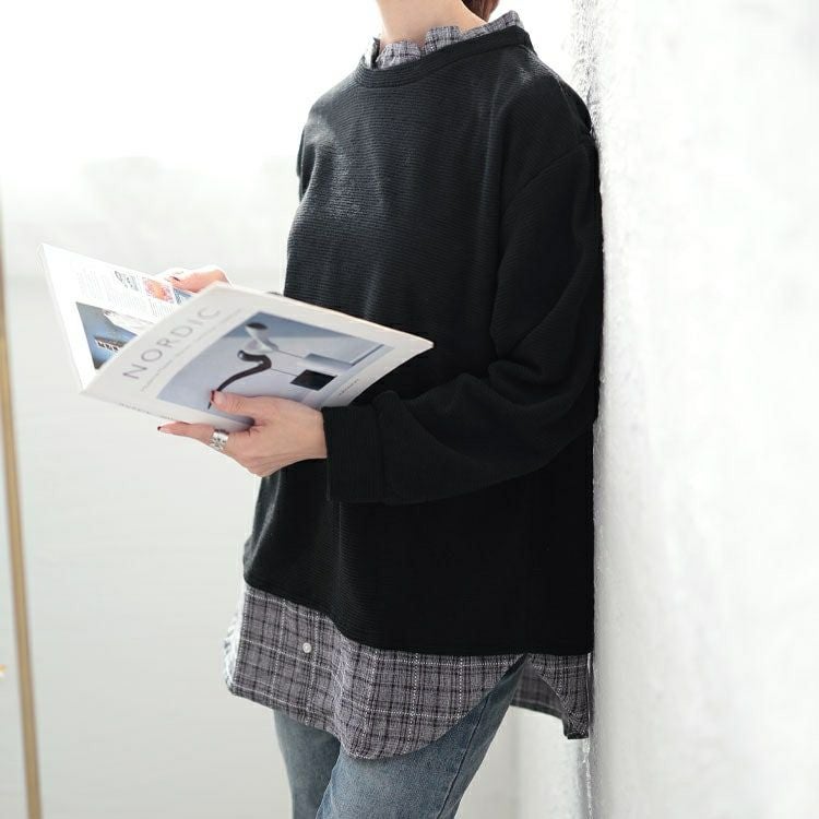 大きいサイズ レディース 静電気防止チェック柄フリル襟重ね着風プルオーバー　cast-5552001