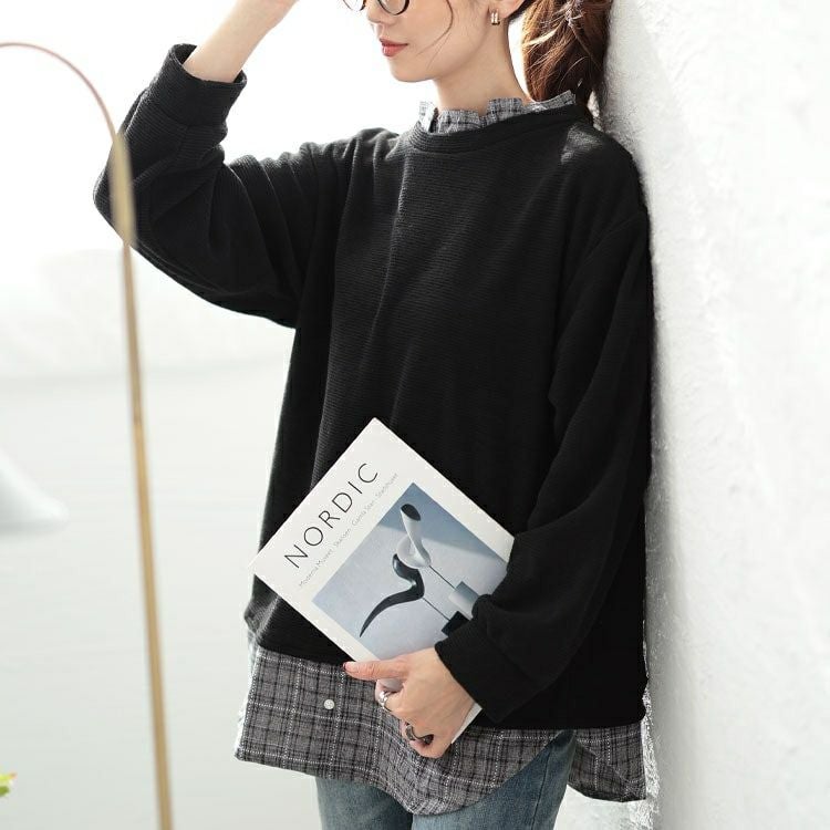 大きいサイズ レディース 静電気防止チェック柄フリル襟重ね着風プルオーバー　cast-5552001