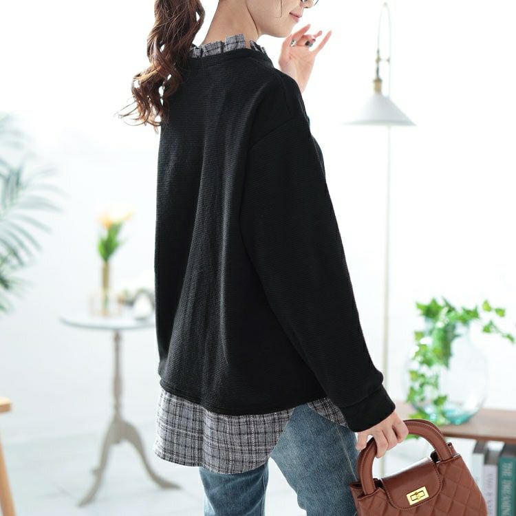 大きいサイズ レディース 静電気防止チェック柄フリル襟重ね着風プルオーバー　cast-5552001