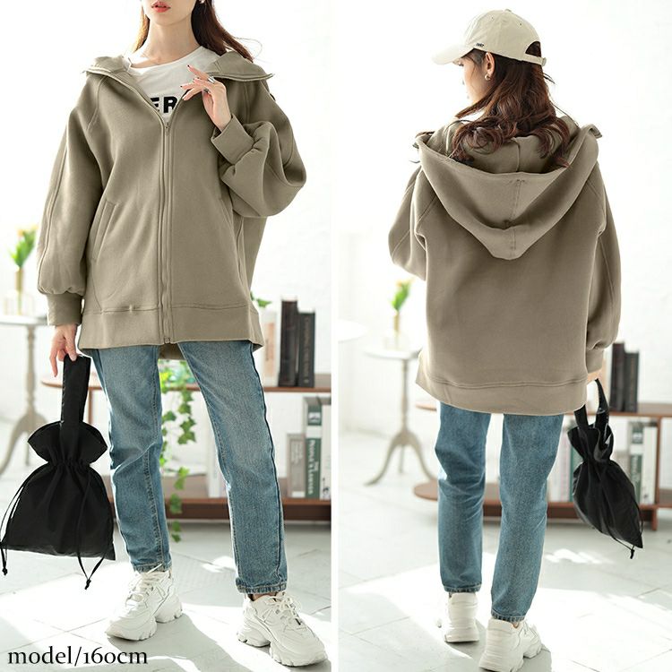 大きいサイズ レディース 裏起毛ビッグフードドルマンZIPパーカー　maru-30084