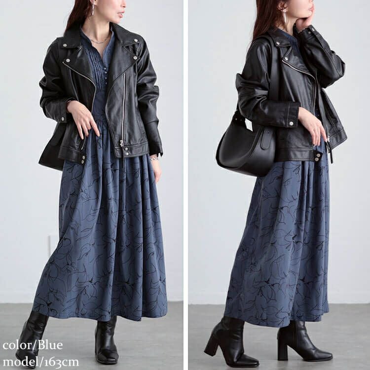 大きいサイズ レディース ウエスト切り替えピンタック花柄ワンピース　maru-30098