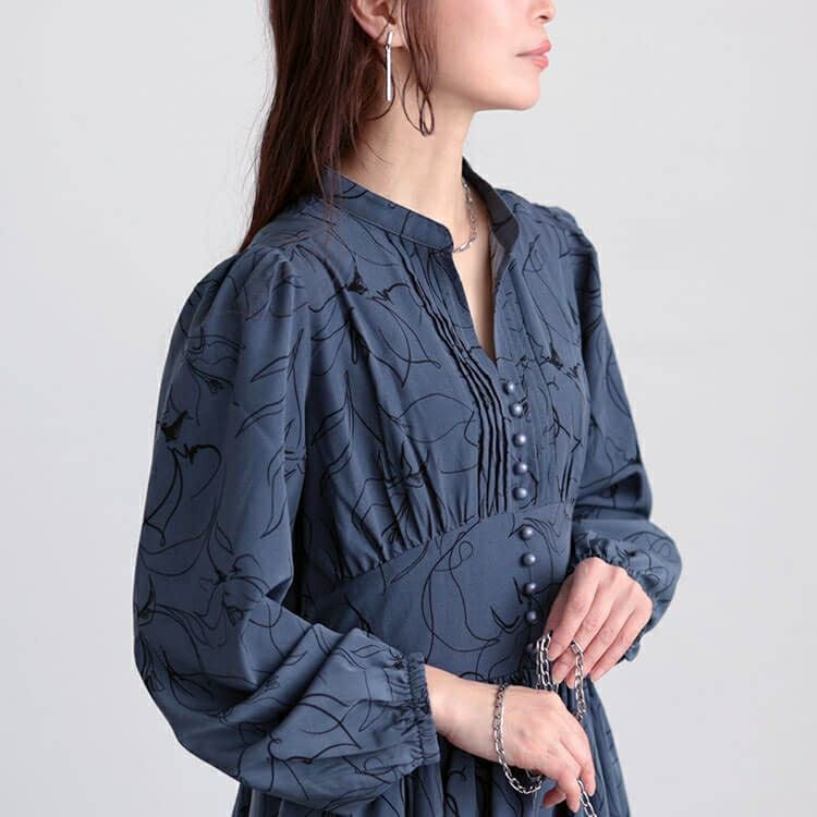 大きいサイズ レディース ウエスト切り替えピンタック花柄ワンピース　maru-30098