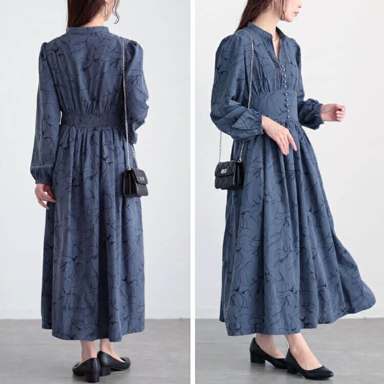 大きいサイズ レディース ウエスト切り替えピンタック花柄ワンピース　maru-30098