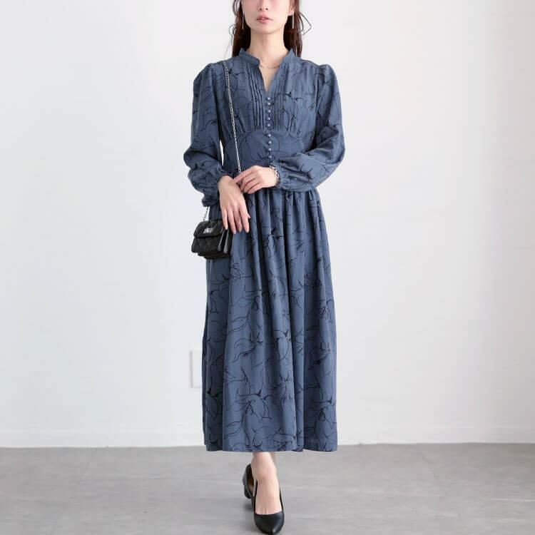 大きいサイズ レディース ウエスト切り替えピンタック花柄ワンピース　maru-30098 ブルー