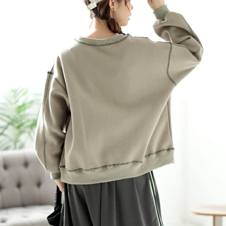 大きいサイズ レディース 裏起毛配色ステッチワイドプルオーバー　maru-30085