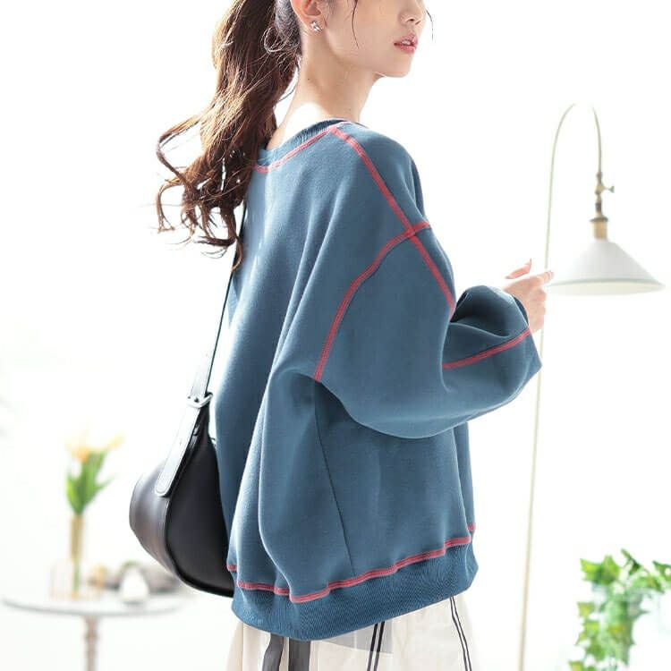 大きいサイズ レディース 裏起毛配色ステッチワイドプルオーバー　maru-30085