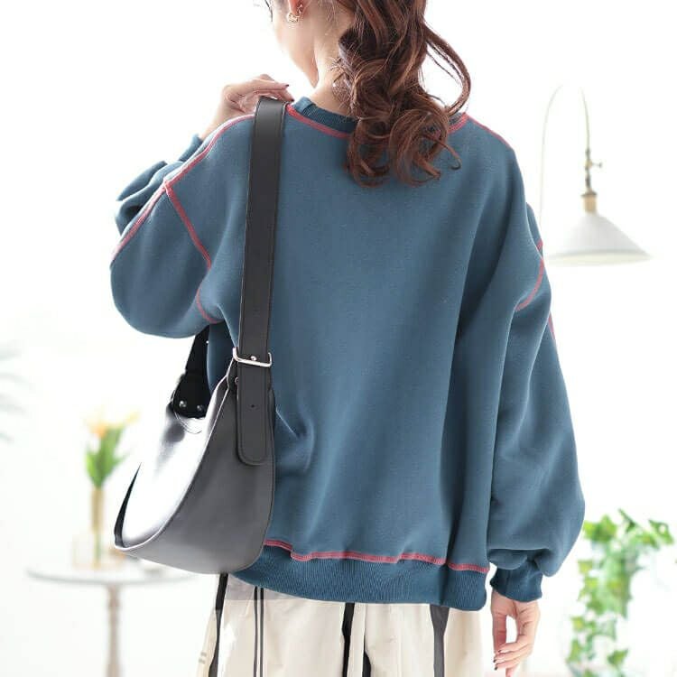 大きいサイズ レディース 裏起毛配色ステッチワイドプルオーバー　maru-30085