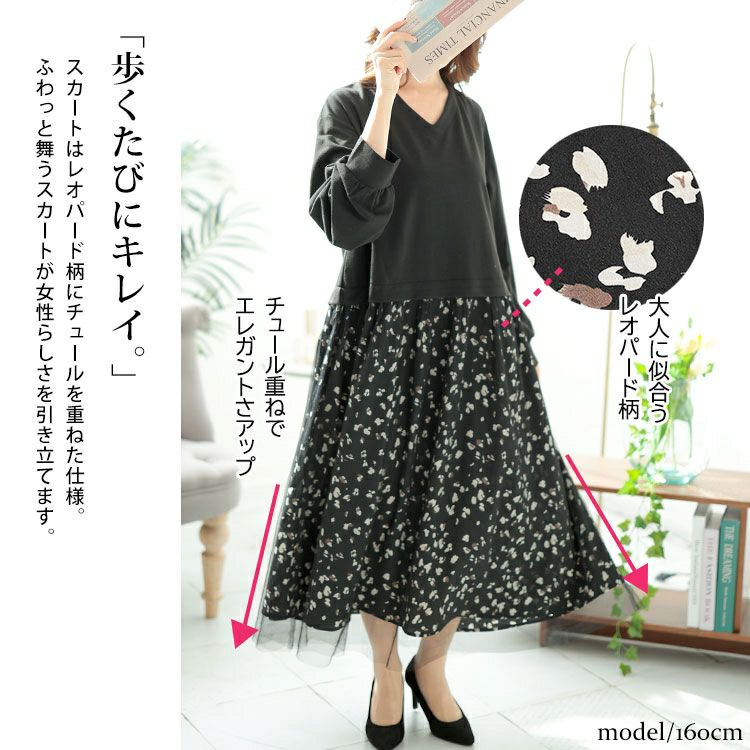 大きいサイズ レディース レオパード＆チュールドッキングワンピース　fem-551