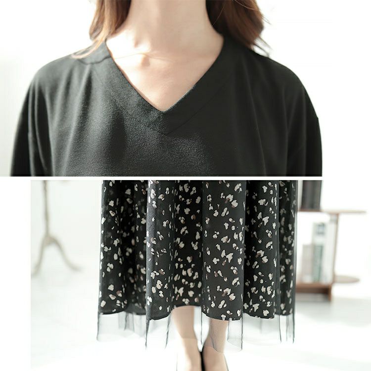 大きいサイズ レディース レオパード＆チュールドッキングワンピース　fem-551