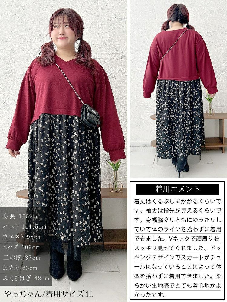 大きいサイズ レディース レオパード＆チュールドッキングワンピース　fem-551