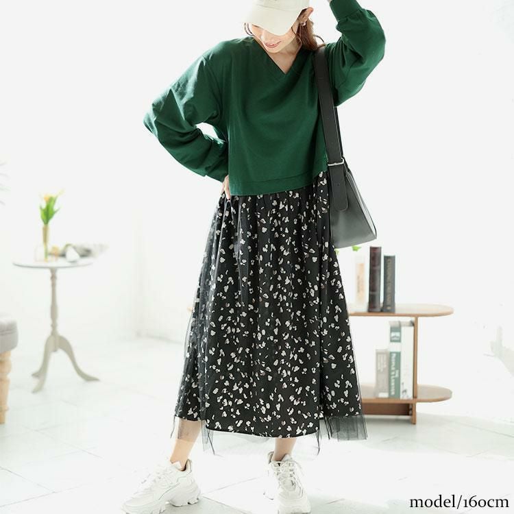 大きいサイズ レディース レオパード＆チュールドッキングワンピース　fem-551 グリーン