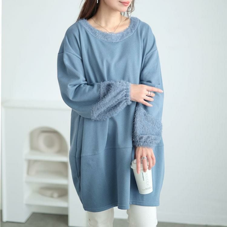 大きいサイズ レディース ラメシャギー切り替えコクーンチュニック　fem-549 グレーブルー
