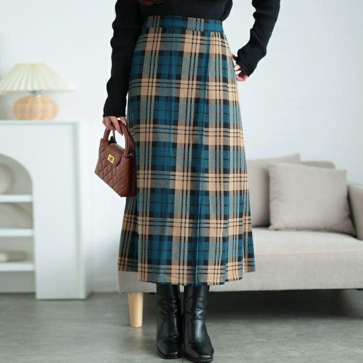 大きいサイズ レディース チェック柄ストレッチ微起毛プリーツスカート　cpdai-640629