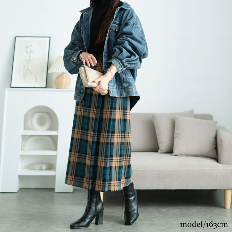 大きいサイズ レディース チェック柄ストレッチ微起毛プリーツスカート　cpdai-640629