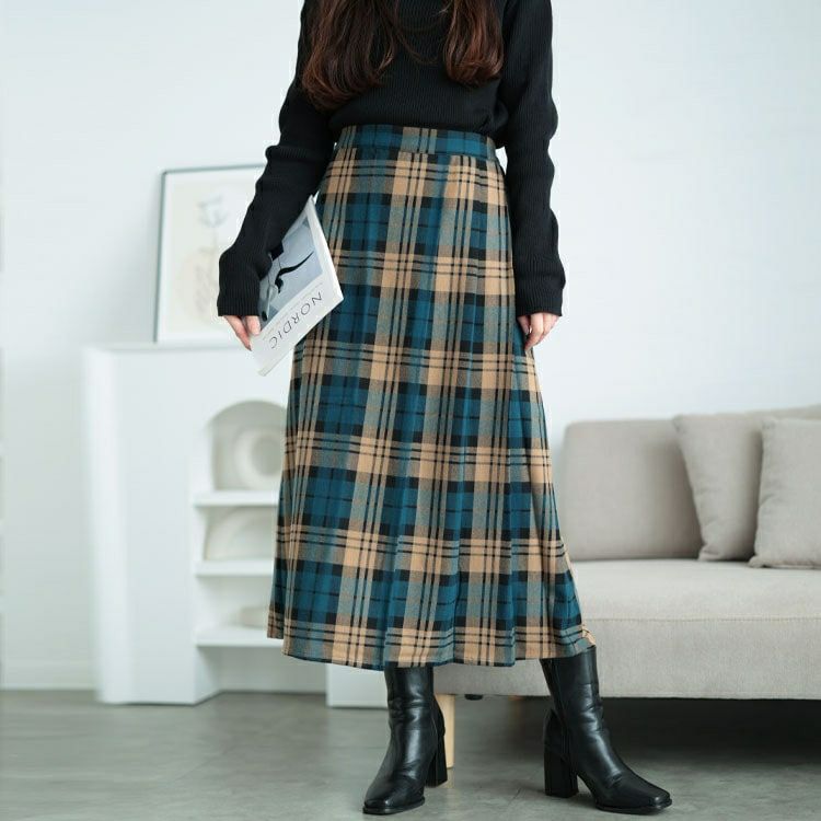 大きいサイズ レディース チェック柄ストレッチ微起毛プリーツスカート　cpdai-640629