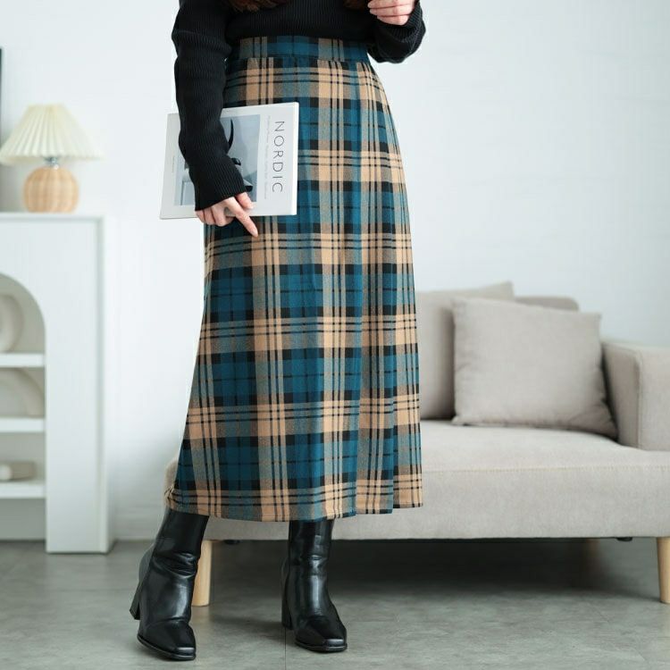 大きいサイズ レディース チェック柄ストレッチ微起毛プリーツスカート　cpdai-640629