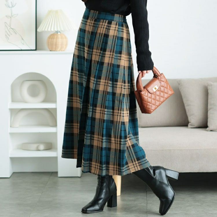 大きいサイズ レディース チェック柄ストレッチ微起毛プリーツスカート　cpdai-640629