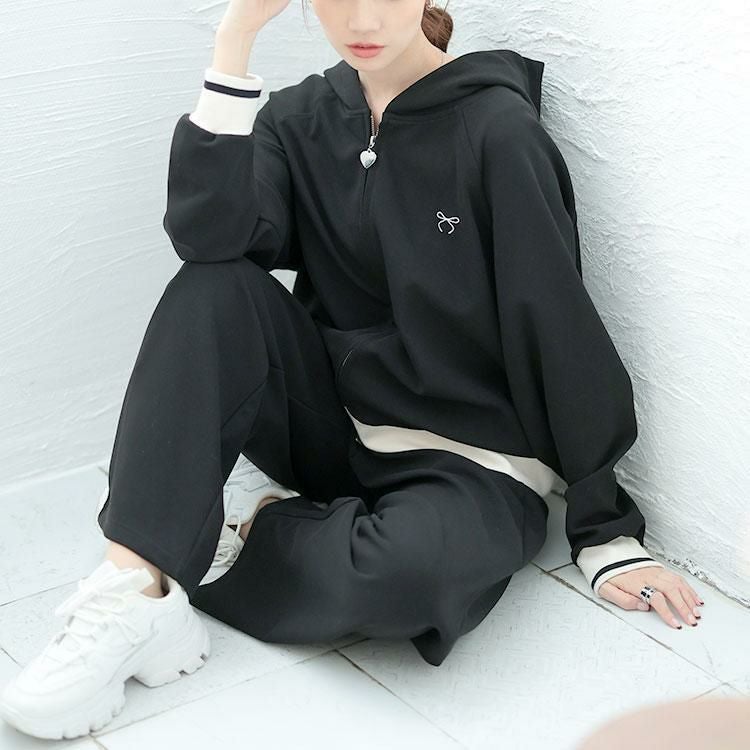 大きいサイズ レディース ジップアップパーカーセットアップ　goldy-1629 ブラック