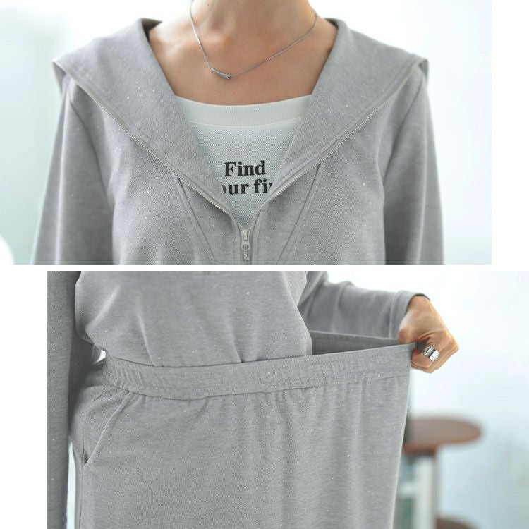 大きいサイズ レディース 重ね着風ラメハーフジップトップス＆ロングスカートセット　goldy-1628