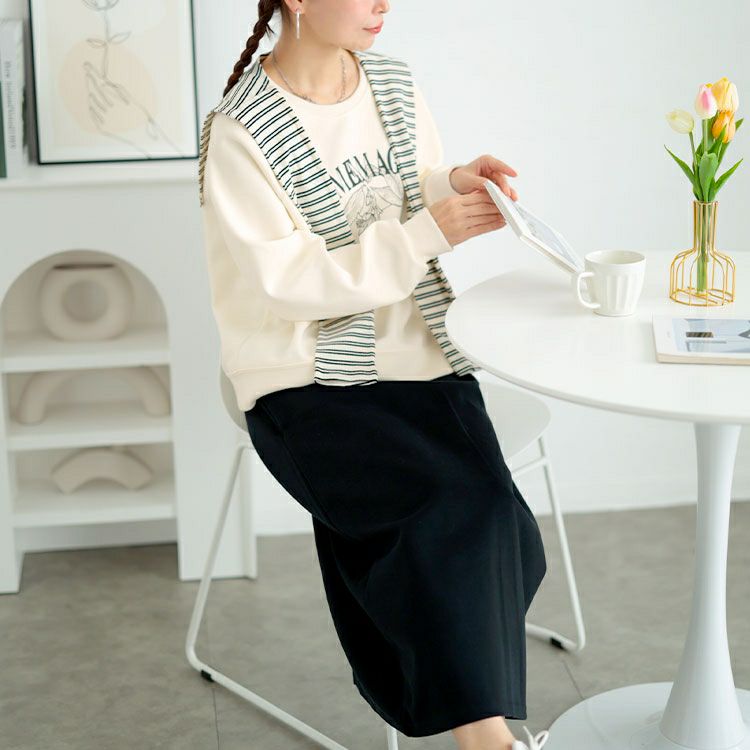 大きいサイズ レディース つけ襟付きスウェット＆ロングスカートセット　goldy-1627