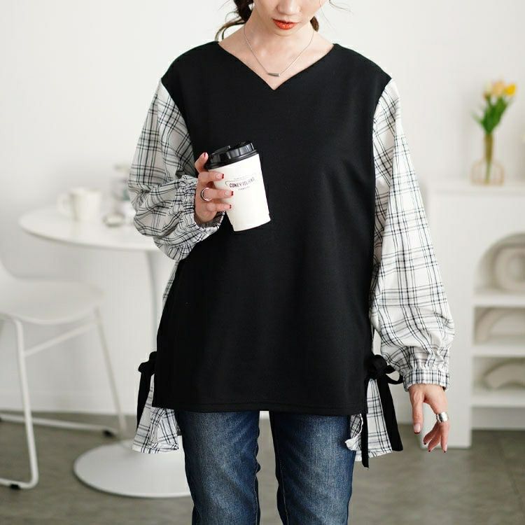 大きいサイズ レディース サイドリボンフェイクレイヤードチュニック　cast-5552011