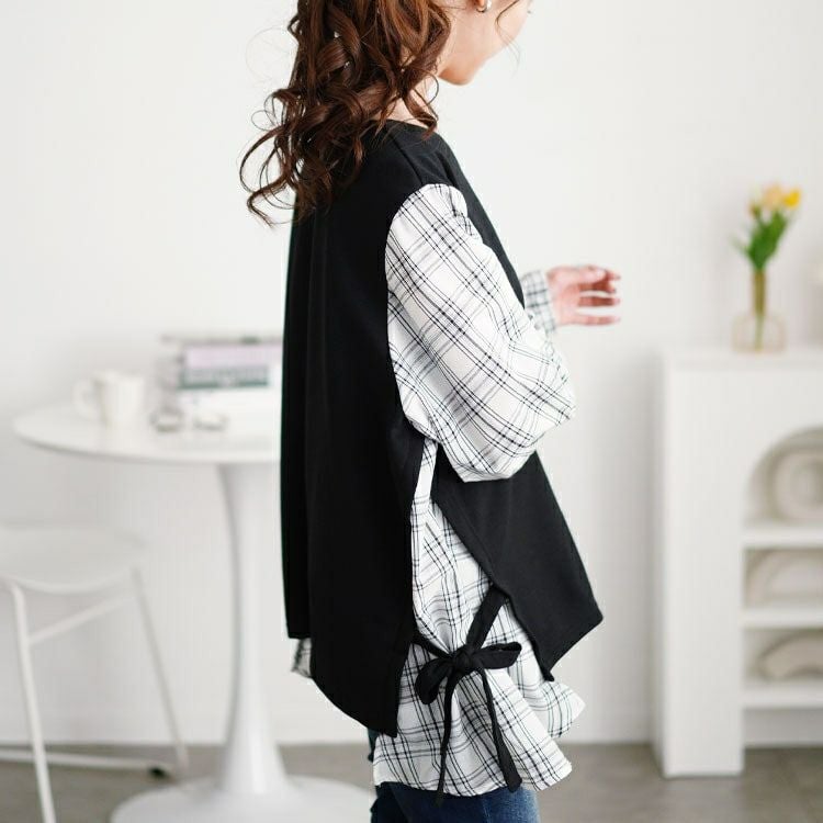 大きいサイズ レディース サイドリボンフェイクレイヤードチュニック　cast-5552011